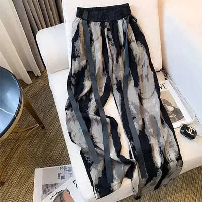 Ice Silk Wide-leg Pants 2024 Summer Women's Ink Painting Tie Dye Chinese Style Loose High Waist Sweatpants Trousers Women