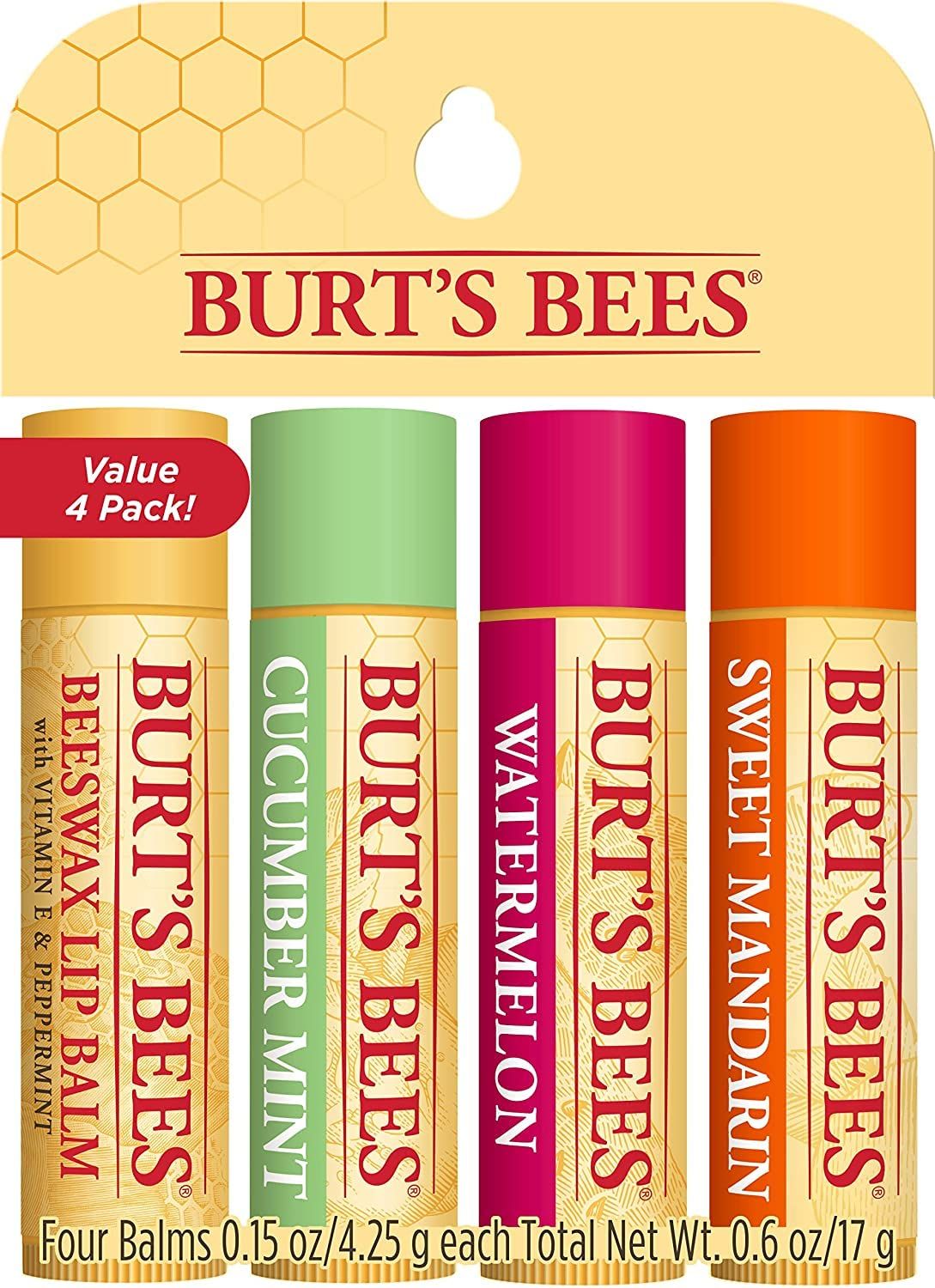 Burt's Bees Balsamo Labbra Cera d'Api, Cetriolo-Menta, Anguria e Manda