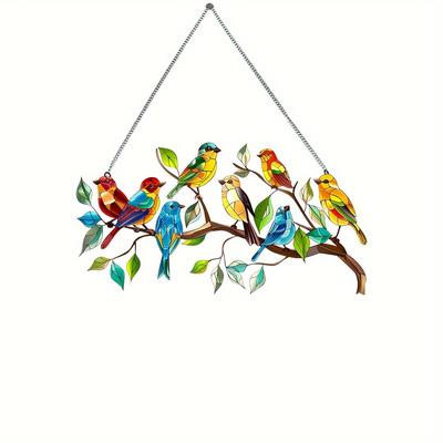 Glam Style Acrylic Bird Decorative Sign & Plaque - Wall Hanging Multipurpose 2d Birds Theme For Home, Garden, And Door Decoration - 1pc Stained Glass Look Birds On Branch Design