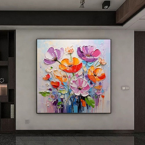 Blumengemälde mit Spachtel, handgemalt, orange, rosa, Mohn, pastoses Ölgemälde, kalifornischer Mohn, Blumenölgemälde, Kunstwerk, schwere Textur, buntes Blumengemälde, Wandkunst, Mohn-Dekor Image
