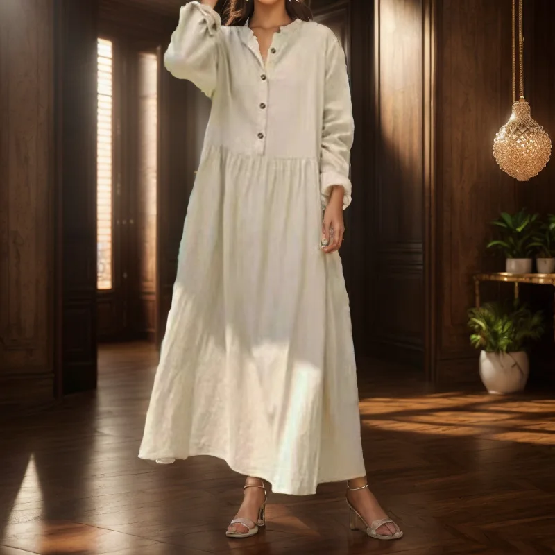 Women Fashion Loose Casual Solid Color Long Sleeves Big Swing Long Dress Cotton Hemp Dress Female Streetwear Colthing
