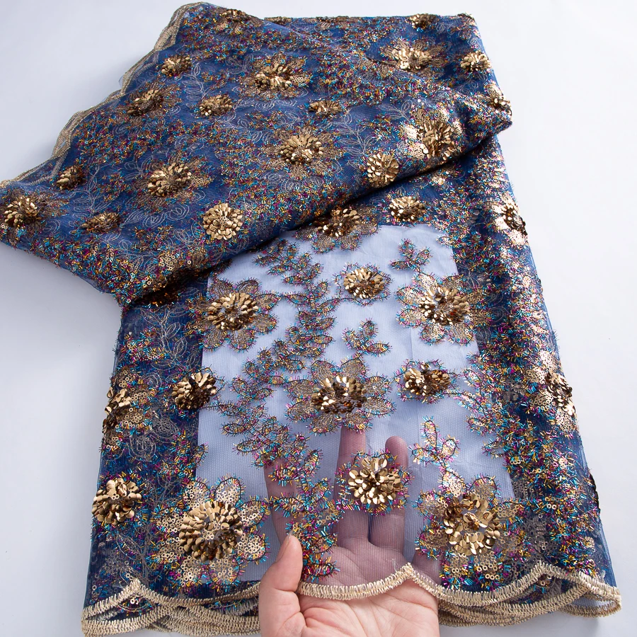 Tessuto di paillettes di pizzo francese di lusso in tulle di maglia 2025 di alta qualità 5 metri tessuto di pizzo africano abito da sposa netto nigeriano cucire A3861