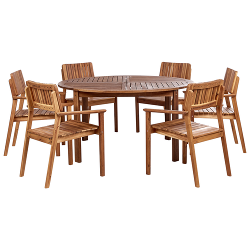 Gartenmöbel Set Hellbraun Akazenholz 7-Teilig Runder Tisch ⌀ 150 cm mit 6 Stühlen Lattenoptik Runstikales Design Outdoor Terrasse Garten