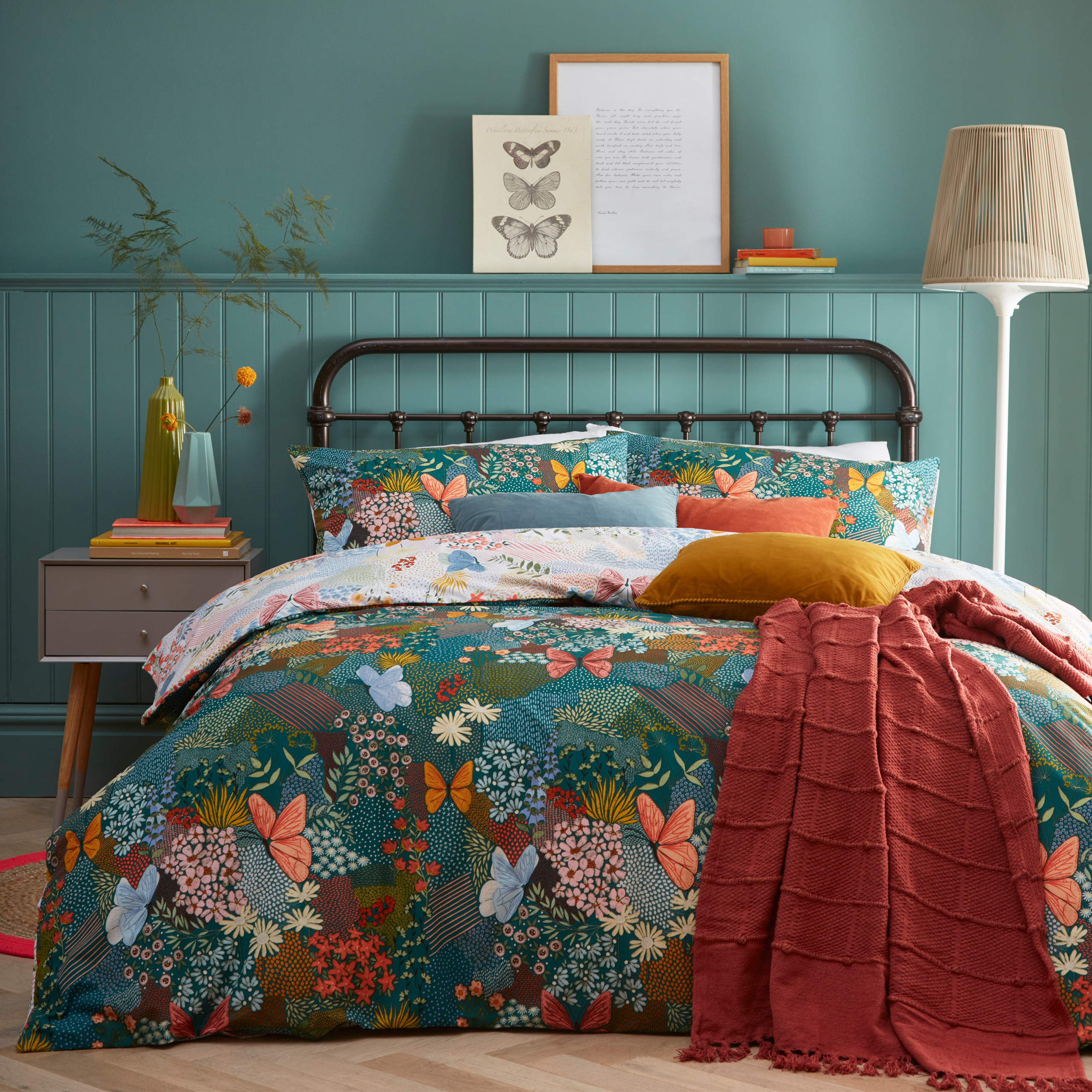 furn. Forage Floral Reversible Duvet Cover Set - Teal Cotton - Size Super King | furn. Sale | Discount Designer Brands