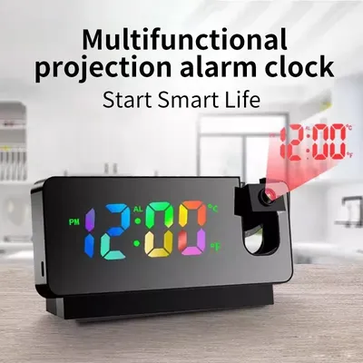 Multifunctional 180° Rotating Projection Creative Alarm Clock, LED Silent Colour Screen, Bedroom