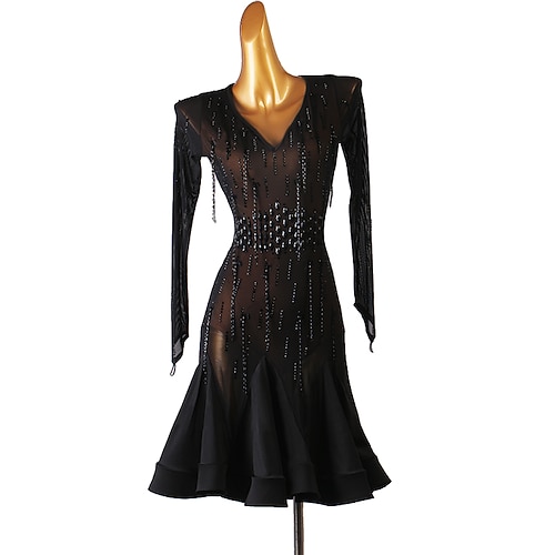 Tanz-Salsa-Latin-Tanzkleid, Perlenkristalle/Strasssteine, Pailletten, Damen-Performance, langärmlig, Chinlon-Mesh Image