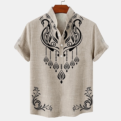 Herren leinenhemd Henley Shirt Retro-Shirts Vintage-Shirt Ethnisches Hemd Ethnisch Täglich Festtage Blau Beige Grau Kurzarm Mandarinkragen Sommer Frühling Bekleidung Bedruckt Image