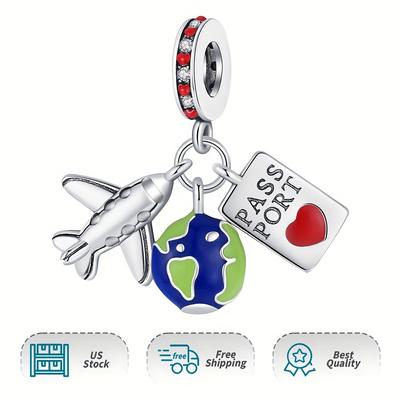 Women Authentic Aeroplane, Earth And Passport Triple Dangle Charm 925 Sterling Silver Pendant Charm For Moment Bracelet & Necklace Daily Use Holiday Diy Gifts
