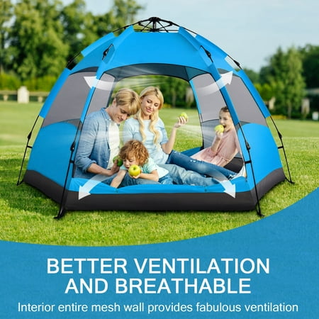 SHANNA Instant Camping Tent Portable Large Pop Up Tent 3-4 Person Dome Family Hexagon Tents Pop up Sun Shade Tent for Outdoor Camping Hiking Blue Tent +Inflatable pillow
