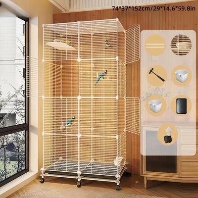 Extra Large Bird Cage, Thickened Metal Wire, 4-tier Double-column, Enhanced Security, 74x37x152cm (29.1x14.6x59.8in), Aviary With Accessories For Multiple Birds, Rolling Stand With Lockable Wheels