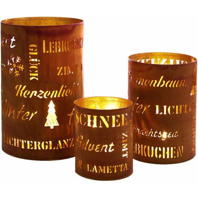 Metall Weihnachts Windlicht rund Rost Optik 3er Set - Sprüche - Winter Tisch Deko Laterne Kerzen