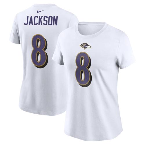 Weißes Nike Lamar Jackson Baltimore Ravens T-Shirt mit Spielername und Nummer für Damen