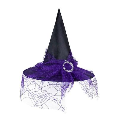 Halloween-Hexenhut mit Spinnennetz-Schleier, Damenkostüm, Partyhut, Zaubererhut, Zauberer, Halloween-Kopfschmuck, Partyhut, Halloween-Hut, Hexendekoration, Requisiten, Erwachsene, Kinder, Cosplay, Image