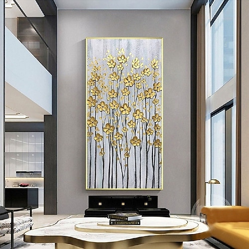 handgemaltes goldenes Blumengemälde mit blühendem Baum, handgemachtes 3D-strukturiertes abstraktes Blumenölgemälde, Wandkunst, großes Acrylölgemälde, ästhetisches Raumdekor Image