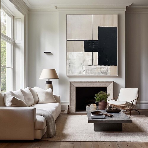 beige und schwarz minimalistisches Ölgemälde handgemachte Wandkunst beige Strukturgemälde Wabi-Sabi Wandkunst beige minimalistisches Gemälde neutrales Gemälde für Wohnzimmer Dekor Image