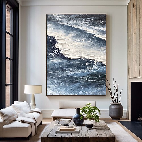 große Ölgemälde auf Leinwand, handgefertigt, 3D-Ölgemälde mit Meeresstruktur, handgefertigte Wandkunst, Gemälde mit blauem Meer und weißen Ozeanwellen, Ölgemälde, Wandkunst Image