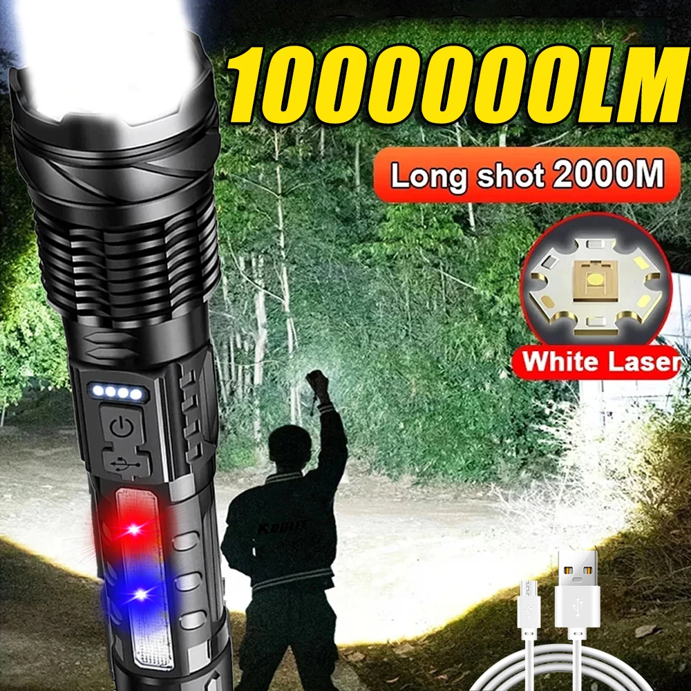 Hochleistungs-LED-Taschenlampe, USB wiederaufladbar, Zoom, taktische Taschenlampe, 2000 m, große Reichweite, leistungsstarke Taschenlampe, Angeln, Camping, Laterne