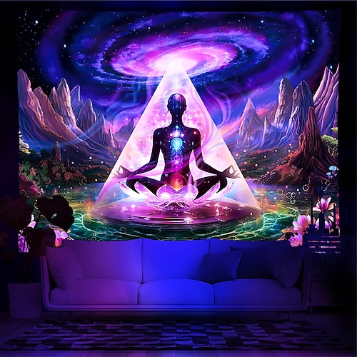 Schwarzlicht-Wandteppich, UV-reaktiv, im Dunkeln leuchtend, Glow Party, Chakra, Bohemian, Trippy, Misty, Boho, Lotus, Meditation, Wandteppich, Wandbild für Wohnzimmer, Schlafzimmer Image