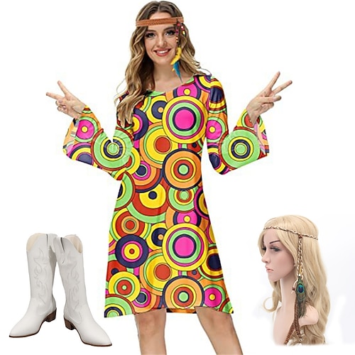 Hippie Retro Vintage 1970er Disko Kleid Damen Kostüm Jahrgang Cosplay Party Abend Langarm Kleid Maskerade Schlager Outfit Image