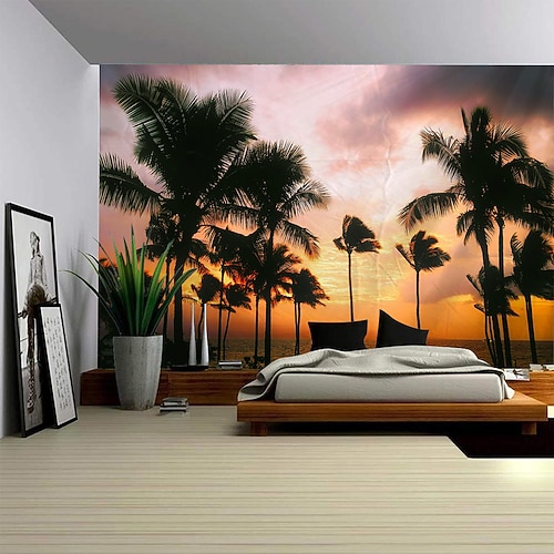 Sonnenuntergang Palmen hängen Wandteppich Kunst große Wandteppich Wandbild Dekor Fotografie Hintergrund Decke Vorhang Haus Schlafzimmer Wohnzimmer Dekoration Wandtuch XXL Natur Image