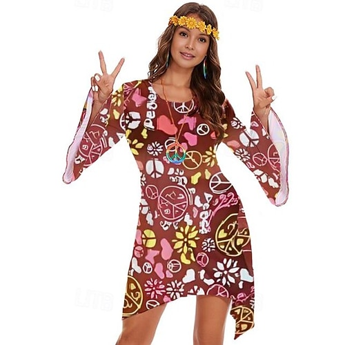 Retro Vintage 1970er 70er-Jahre Damenkostüm Glockenärmel Hippie Disco Grafik Rundhals Kostüm Damen Halloween Karneval Maskerade Party Alltagskleidung Pride Parade Erwachsene Kleid Ganzjahres Image