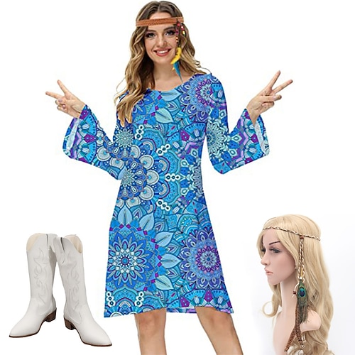 Hippie Retro Vintage 1970er Disko Kleid Damen Kostüm Jahrgang Cosplay Party Abend Langarm Kleid Maskerade Schlager Outfit Image
