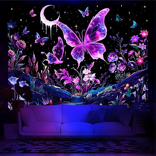 Schwarzlicht-Wandteppich, UV-reaktiv, im Dunkeln leuchtend, Neon-Tier-Schmetterlinge, psychedelisch, trippig, neblig, Wandteppich, Wandbild für Wohnzimmer, Schlafzimmer Image