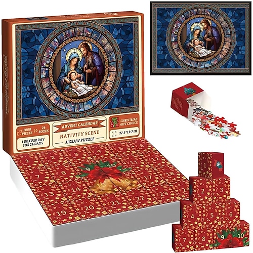 Adventskalender 2025 Krippenszene Puzzle 1000 Teile Puzzles Jigsaw Countdown Kalender für Weihnachtsgeschenke 24 Boxen Puzzles für den Countdown Weihnachtsgeschenk Belen Dekoration Image