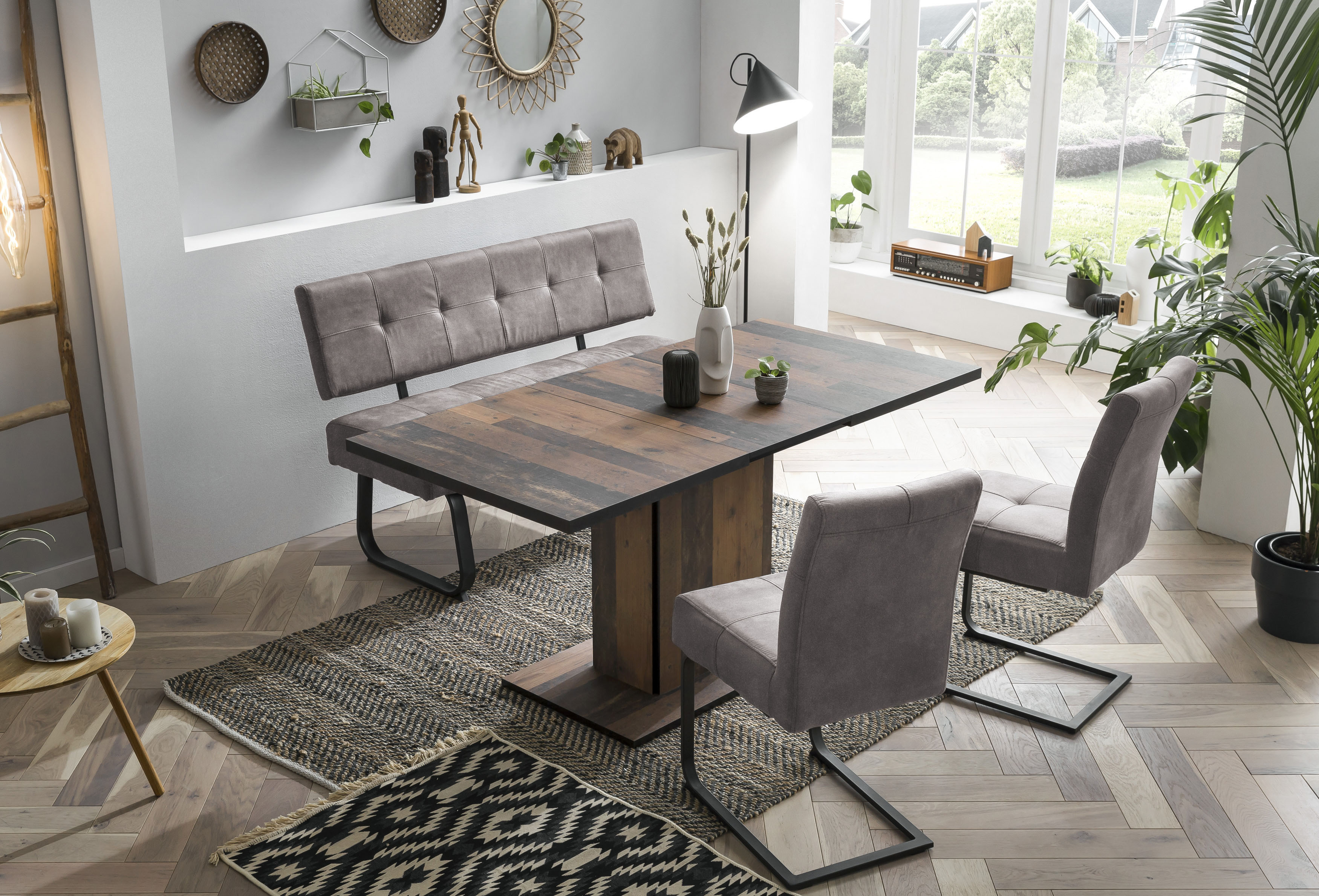 Essgruppe HELA "Luise I G (Bank, Stühle, Tisch)", braun (oldwood, vintage grau, vintage grau, anthrazit), Microfaser VINTAGE, Einlegeplatte, Oldwood/VT Grau, FSC-zertifizierter Holzwerkstoff, Metall, Polyester, Stoff, Sitzmöbel-Sets, Essgruppe,...