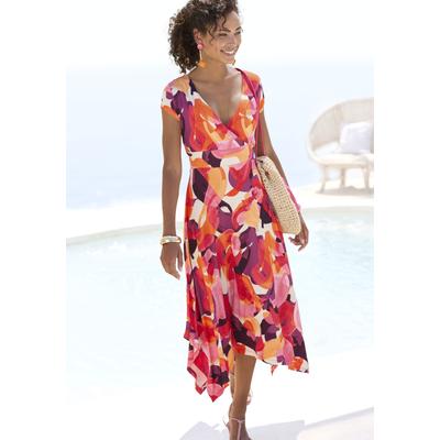 Midikleid VIVANCE, Damen, Gr. 38, N-Gr, bunt (rot, lila, pink bedruckt), Jersey, Obermaterial: 95% Viskose, 5% Elasthan, bedruckt, modisch, figurumspielend kniebedeckend, V-Ausschnitt, Kurzarm, Kleider, mit Alloverdruck, luftiges Sommerkleid in... Image