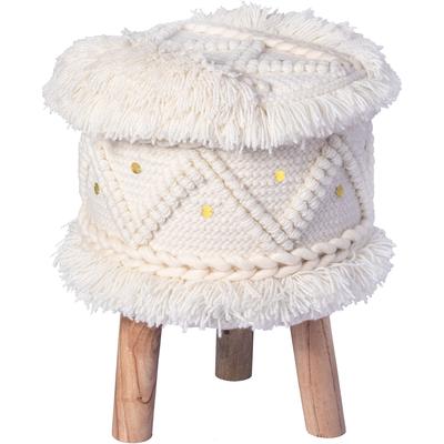 Sitzhocker KAYOOM "Hocker Bohist 525, charaktergebende Strukturen mit Fransen und Quasten", beige (creme), B:38cm H:50cm T:38cm, Sitzbezug: 90% Wolle 10% Baumwolle / Gestell: Barkain, Hocker, handgefertigtes Unikat, Boho-Style, gut kombinierbar Image