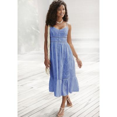 Midikleid BUFFALO, Damen, Gr. 40, N-Gr, blau (rauchblau), Web, Obermaterial: 100% Baumwolle. Futter: 100% Baumwolle, unifarben, modisch, figurbetont ca. Mitte Wade, V-Ausschnitt, ohne Ärmel, Kleider, mit hochwertiger Lochstickerei, luftiges... Image