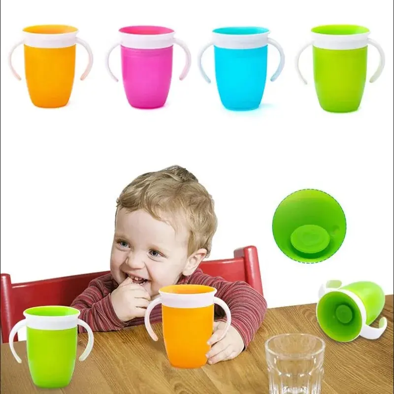 Baby lernen Trinkbecher mit Doppel griff Klappdeckel Grad kann gedreht werden auslaufs ichere Tasse Säuglinge Wasser becher Flasche Image