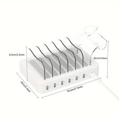 TEMU Premium 6-port Usb Charging Station Organizer For Multiple Devices, 6 Short Charging Cables And 1 Upgraded L-watch Charger Holder Included, For Phones, Tablets, And Other Electronics