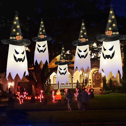 Halloween beleuchtete Geister-Hexenhut-Dekorationen zum Aufhängen von Outdoor-Ornamenten, Halloween-Dekor für Partys, drinnen und draußen, Zuhause, Baum, Garten, Hof