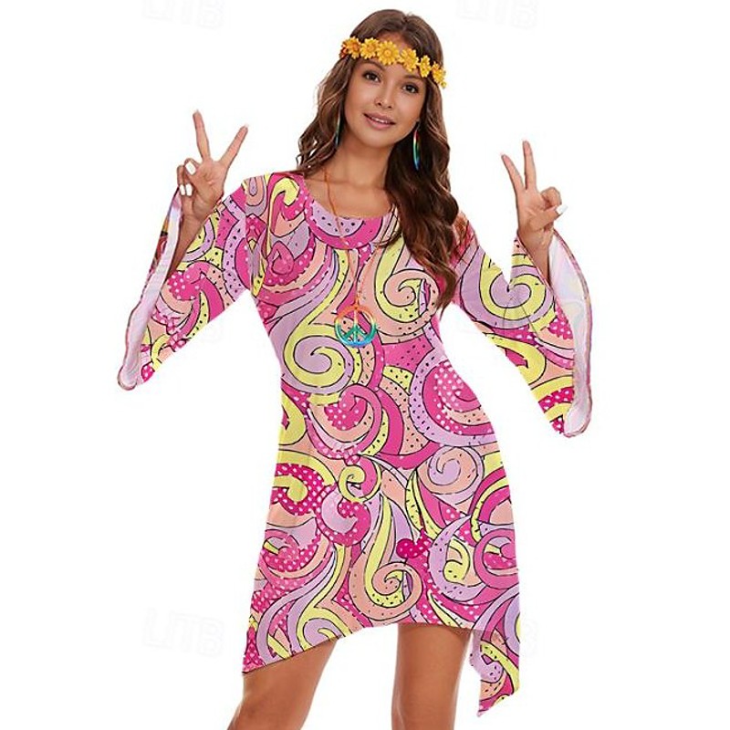 Retro Vintage 1970s 70s Fancy Dress Women Bell Sleeve Hippie Disco Graphic Round Neck Fancy Dress Women's Halloween Carnival Masquerade Party Daily Wear Pride Parade Adults' Dress All Seasons
