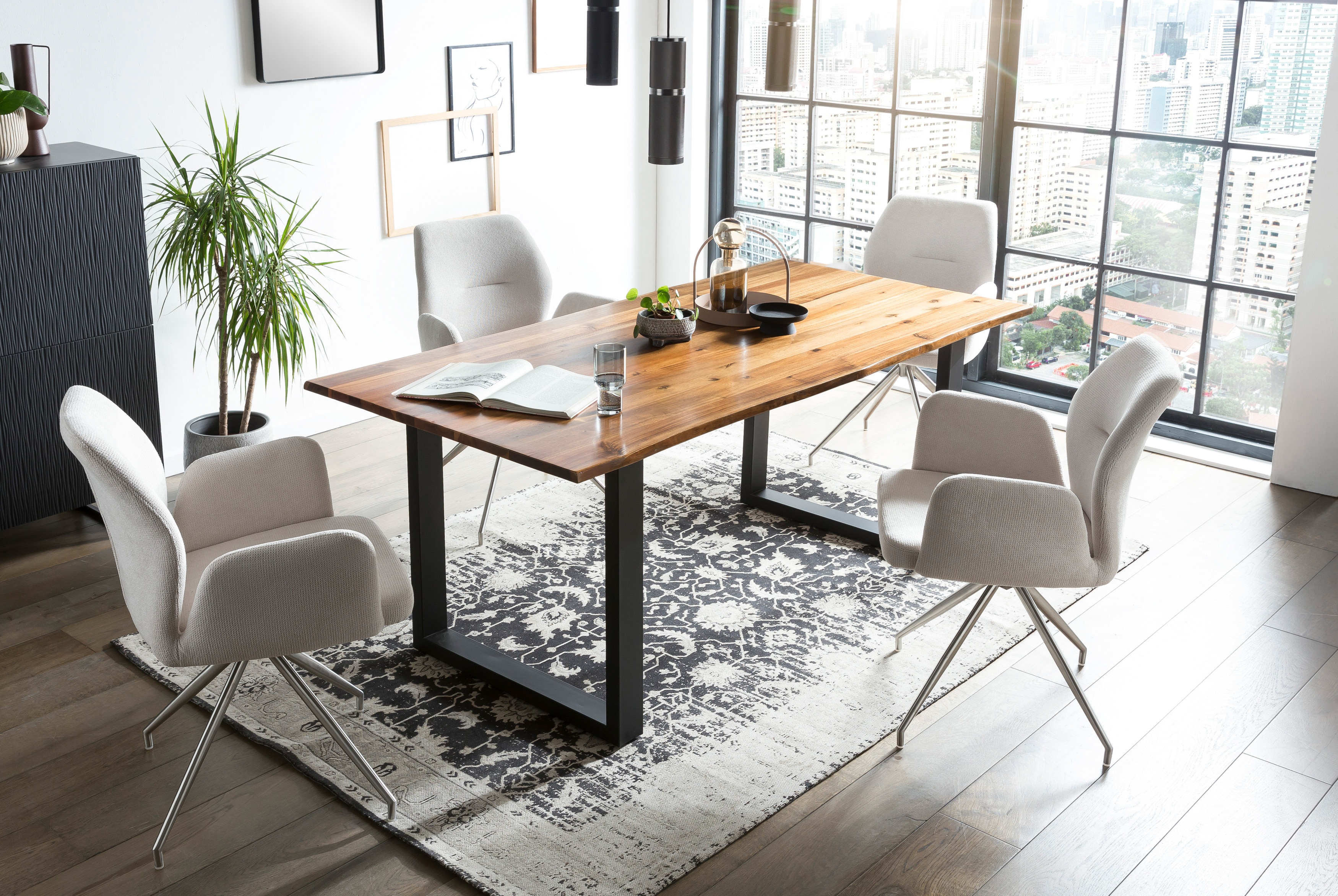 Essgruppe SALESFEVER "Stilvolle Tischgruppe", grau (cognac, schwarz, hellgrau, silber, hellgrau, silber), Strukturstoff, 180,90 + Drehfunktion, Edelstahl, Massivholz, Metall, Polyester, Sitzmöbel-Sets, 5-teiliges Set: Tischplatte mit Baumkante,...