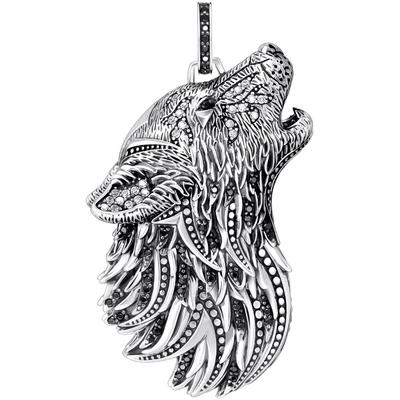 Ketten-Anhänger THOMAS SABO "Wolf-Profil mit Steinen Silber, PE966-643-21", silber (silberfarben, schwarz, schwarz), Sch