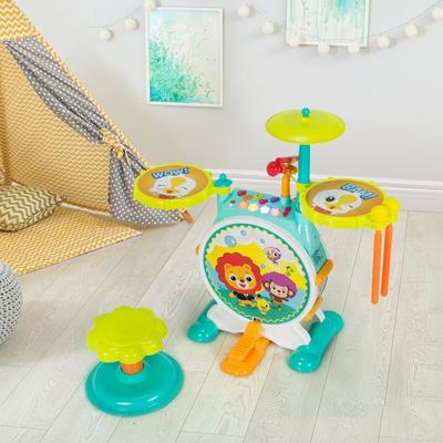 3 Pieces Electric Kids Drum Set with Microphone Stool Pedal - Multi