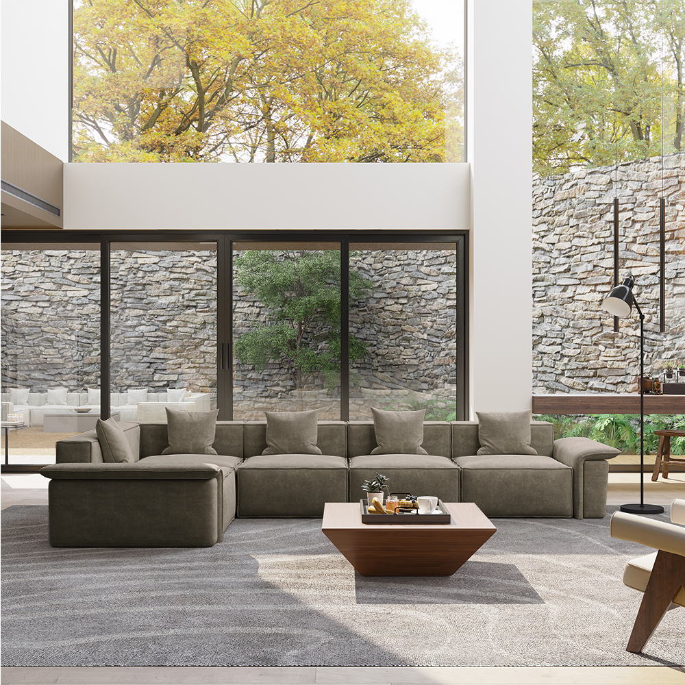143.30"Oversized L-Shaped Sectional Couch, Deep Seat Couch with Curved Arm , Wide Sofa, Pet-Friendly and Scratch-Resistant, Fabric, Khaki