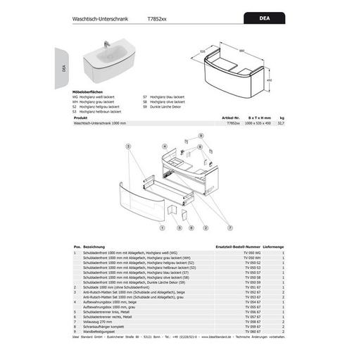 Ideal Standard Schubladenfront DEA,für WT-US b:1000mm, TV050S3 mit Ablage, Hochglanz hellbraun lacki TV050S3