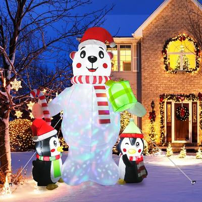 6 FT Inflatable Christmas Polar Bear with 2 Penguins Latest Aerial Decoration with Rotating LED Lights Christmas Holiday Season Decoration Courtyard Lawn Garden Party Decoration