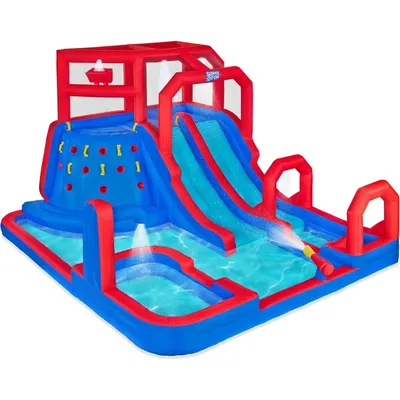 Mega Climb N’ Go Inflatable Water Slide Park – Heavy-Duty for Outdoor Fun - Climbing Wall, 2 Slides,