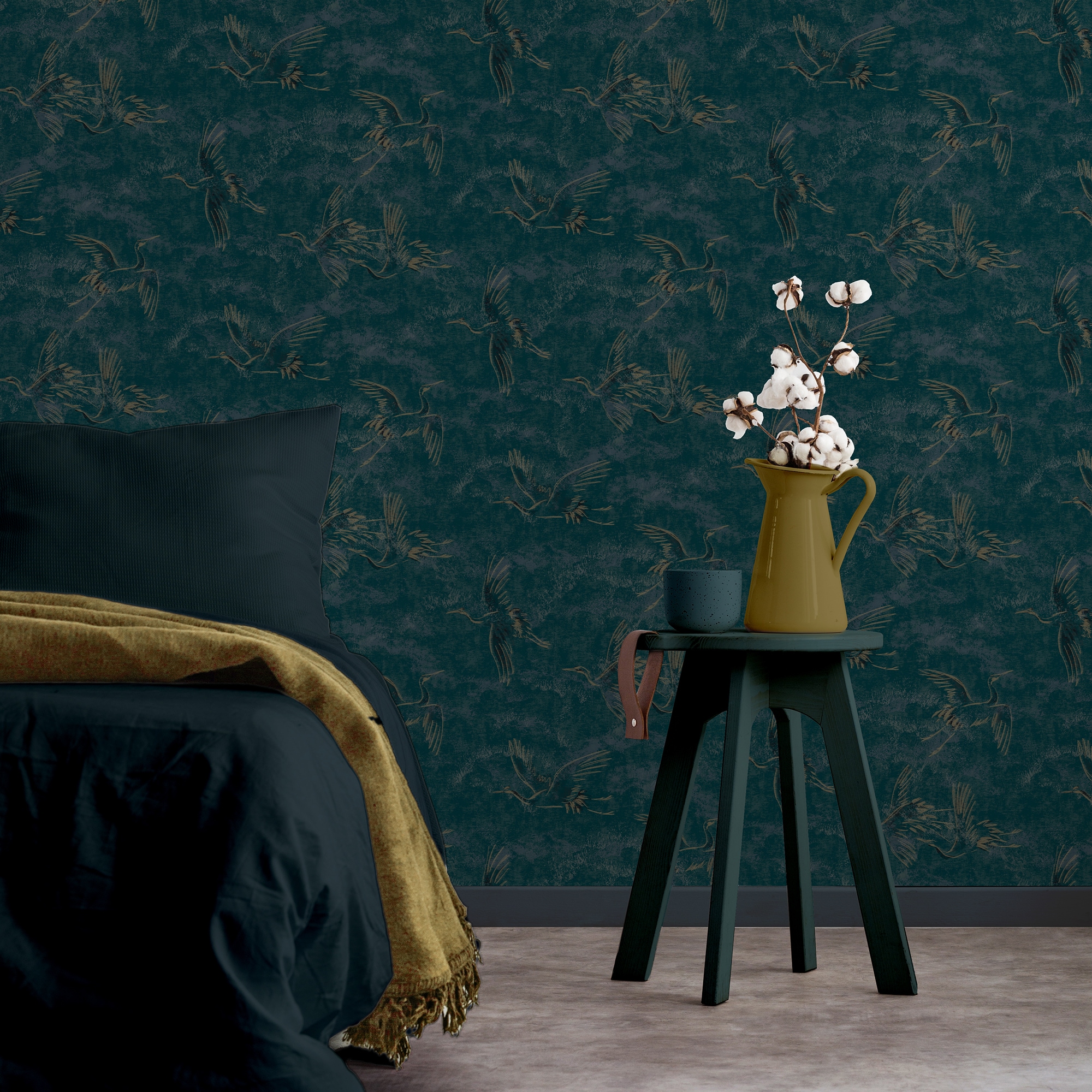 Vliestapete LEONIQUE "Gael Crane Birds", blau, B:0,52m L:10m, Vlies, Tapeten, Design Tapeten Image