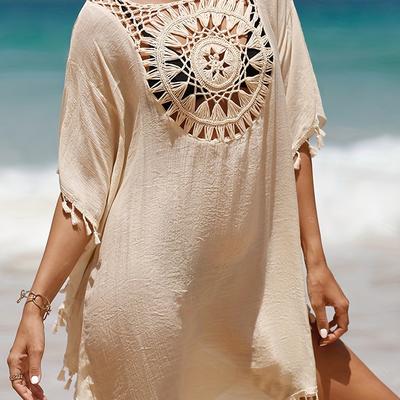 TEMU Hand-crocheted, Solid-color Sun-protective Short And Cover-ups With Fabric And Small Tassels For Seaside Vacations. Trends For The Of 25ss. Image