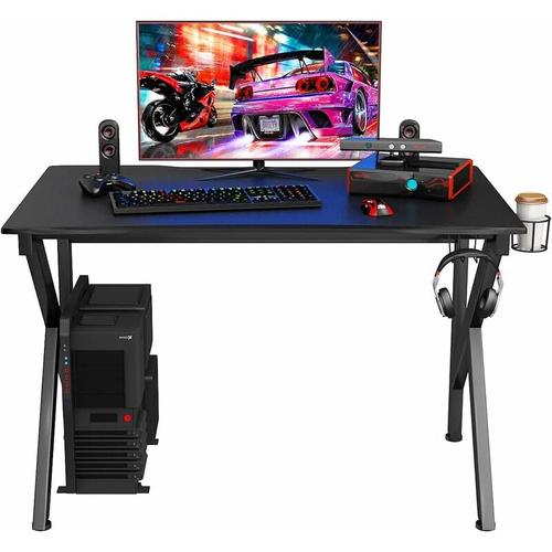 Gaming Tisch 115 cm, K-foermiger Gamingtisch mit Kopfhoererhaken & Tassenhalter & Kabelmanagement,