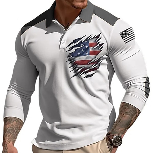 4. Juli 2026 250. Herren Amerikanische Flagge Veteranen Poloshirts Golfshirt Langarm Polo-Shirts Hemden mit Kragen Lässig Streetwear Urlaubskleidung Party-Outfits 3D-Druck Knöpfe Blau Gelb Grün Image