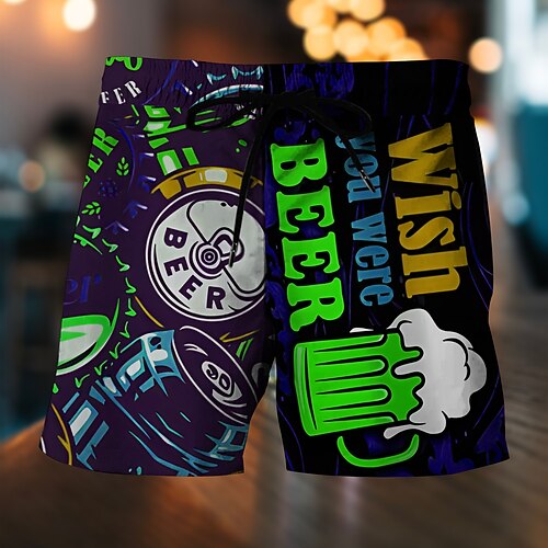 Herren Buchstabe Bier Badehosen Badeshorts Boardshorts Mittlere Taille Mode Hawaiianisch Designer Lässig Täglich Ferien Tasche Kordelzug Elastischer Bund Designer Bekleidung Image