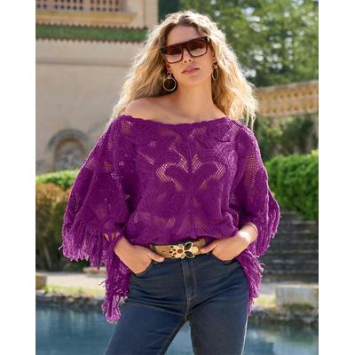 Boston Proper - Sparkling Grape Purple - Crochet Slouchy Fringe Poncho - XS/Small