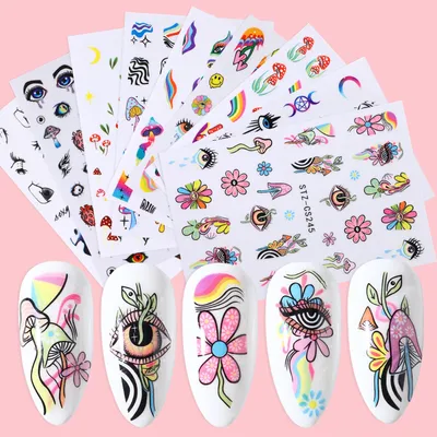 9pcs 3D Nail Art Stickers Set Evil Eyes Mushroom Flower Cartoon Nail Decals Rainbow Abstract Self